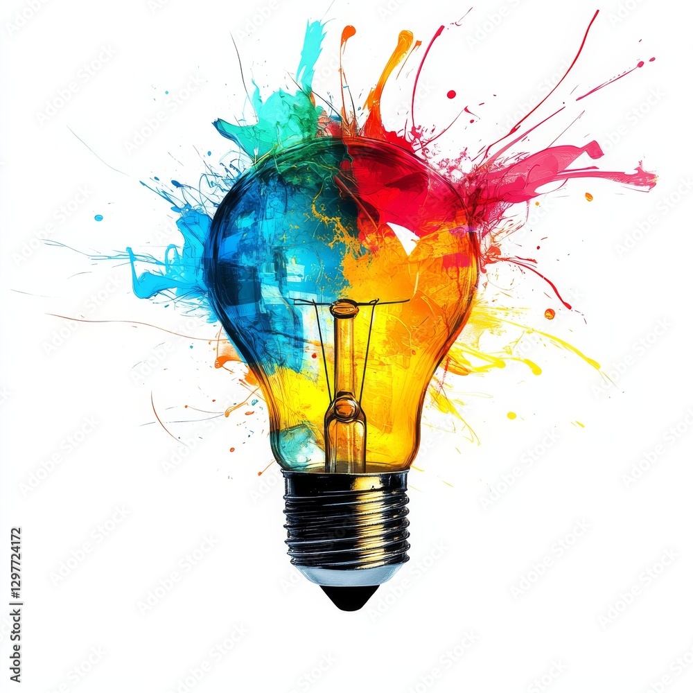 Poster Creative Idea: A Light Bulb Exploding with Color and Imagination on a White Background