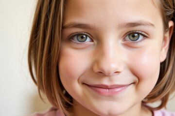 Fototapeta premium Portrait of a Smiling 8-Year-Old Caucasian Girl with Short Brown Hair and Green Eyes, Radiating Joy and Playfulness in a Bright and Natural Setting