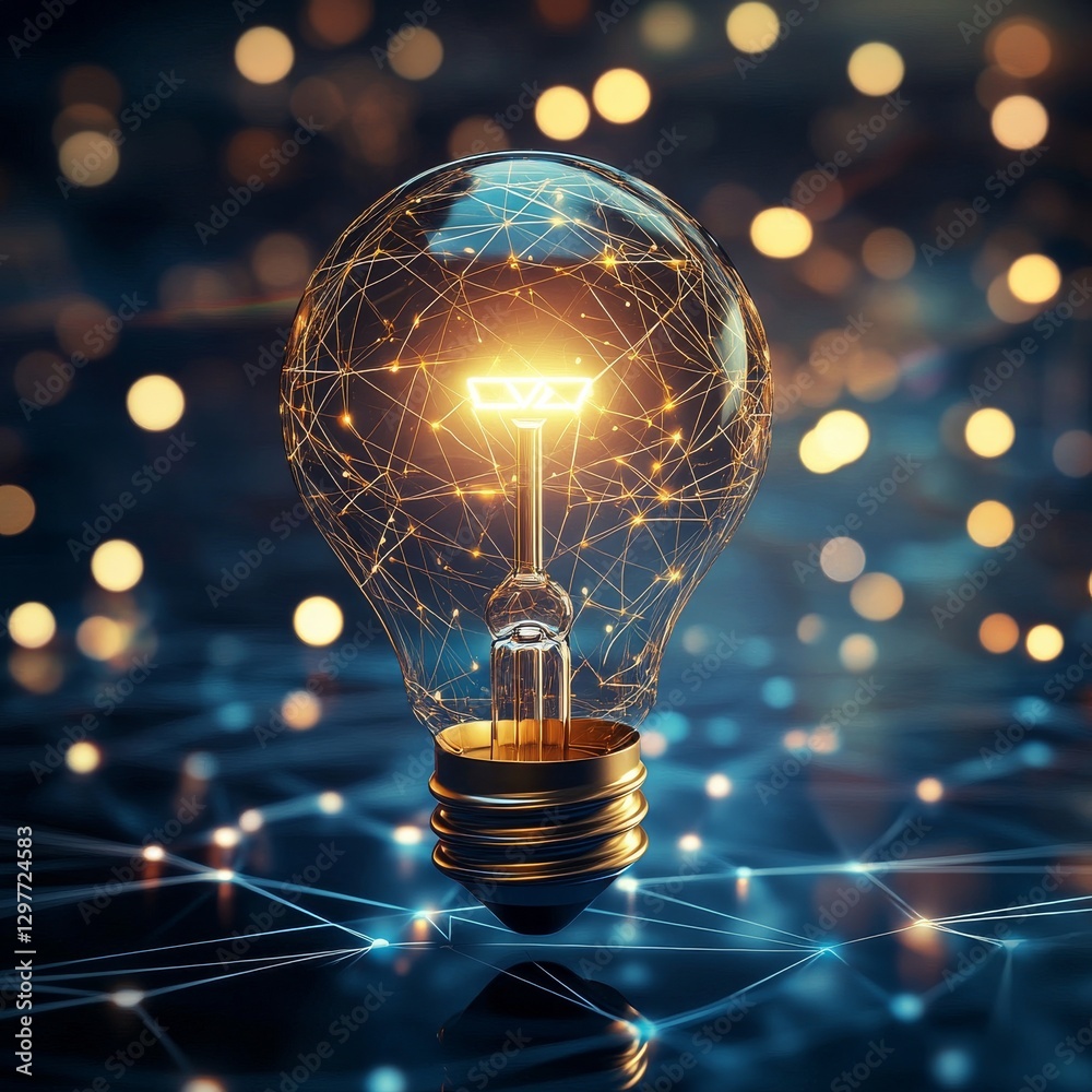 Fototapete Illuminated Lightbulb Connected by Neural Network: Artificial Intelligence and Innovation in the Digital Age 