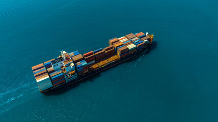 Aerial view of the freight shipping transport system cargo ship container. international...