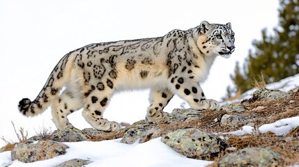 Majestic Snow Leopard Walking Across Rocky Snowy Landscape