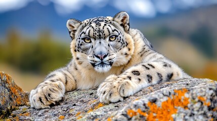 Obraz premium Snow Leopard Lying on Rock in Natural Mountain Landscape
