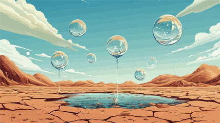 Digital illustration depicting a surreal desert landscape with cracked earth and a small pool of water. Several large, transparent spheres filled with water are floating above the ground on thin