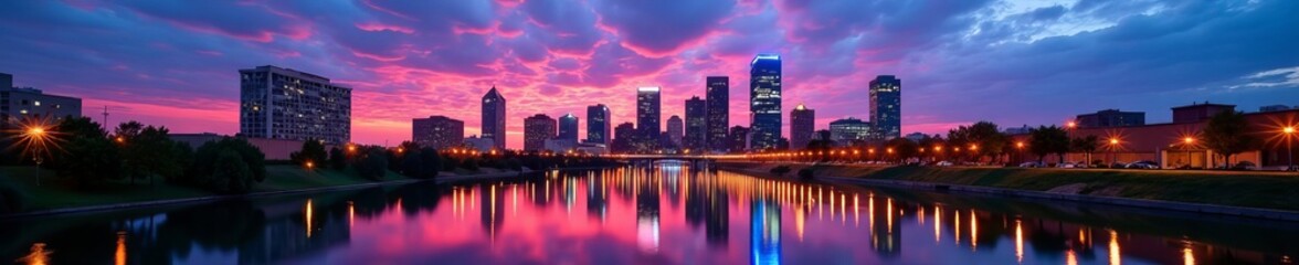 Naklejka premium Downtown Tulsa skyline at dusk with colorful city lights reflecting in river, skyline, cityscape, Oklahoma