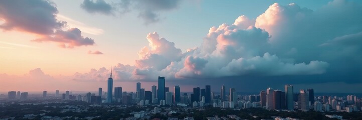 Dramatic clouds rolling over modern urban skyline, cityscape, weather, skyline