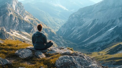 Fototapeta premium Man meditating peacefully while facing a beautiful mountainous landscape