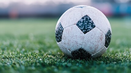 Fototapeta premium Classic soccer ball rests on a lush green grass field during a daytime training session.
