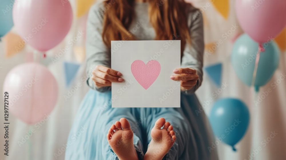 Poster holding a pink heart on a card in front of colorful balloons during a joyful celebration. generative