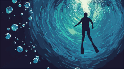 The image is a digital illustration depicting the silhouette of a freediver in a swirling underwater environment.  The diver is centrally positioned, facing upwards towards a brighter area,
