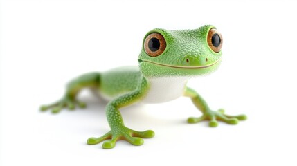 Fototapeta premium Cartoon lizard posing on plain white background. Green reptile with big eyes looking at camera