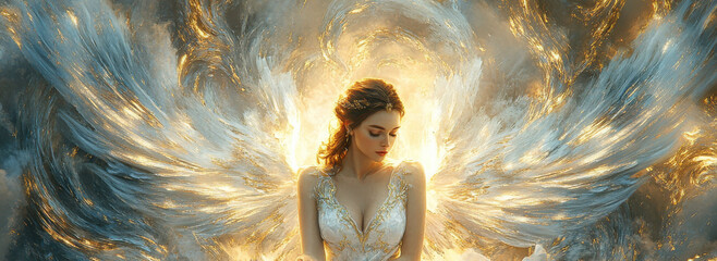 Heavenly angel with radiant white wings, her serene posture framed by a glowing heaven blue background, highlighting the intricate design of her gown and the purity of her presence.