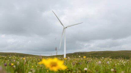 Wind turbine in a flowering field under cloudy skies; renewable energy