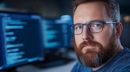 Fototapeta premium Portrait of a Focused Programmer Working in a Modern Office Setting