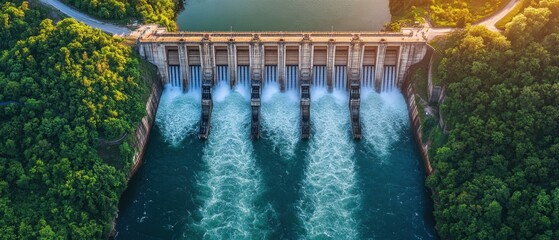 Majestic aerial view of a hydroelectric dam releasing water creating power surrounded by lush forest and river at sunset