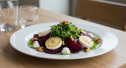 Delicious Beetroot Salad with Goat Cheese, Walnuts, and Arugula on a White Plate