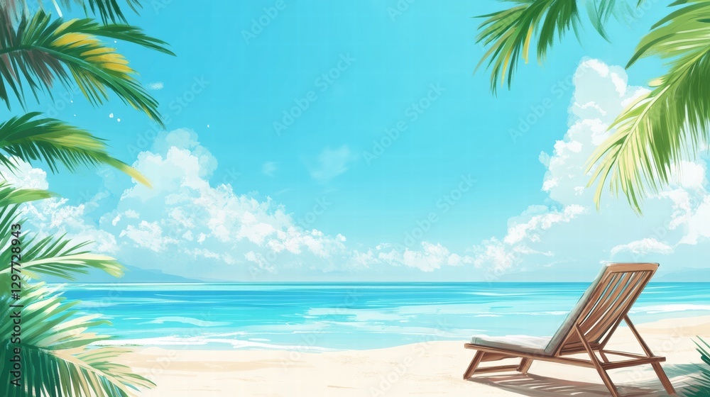 Poster relaxing beach view with lounge chair under palm trees on sunny day. generative ai