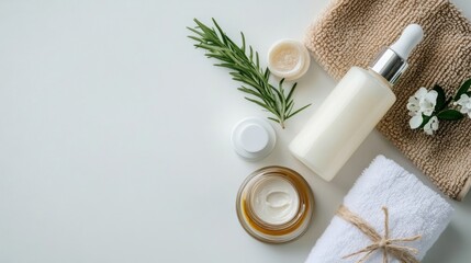 Skincare products arranged on a clean surface with natural greenery