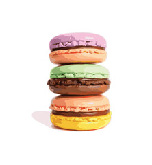 Stack of four French macarons, nicely stacked periwinkle, peach, mint, and salmon colored.