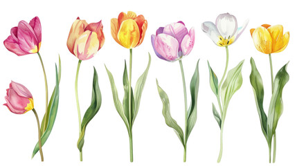Obraz premium Watercolor Colorful Tulips On Black. Floral Design Elements Isolated For Card, Invitation.