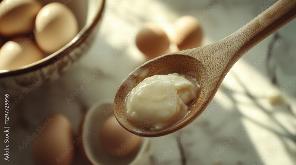 Aufkleber Spoon with creamy spread next to fresh eggs on a textured surface in the kitchen during daylight hours. Generative AI