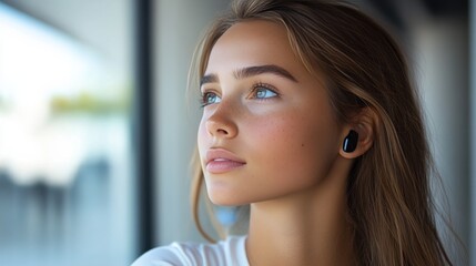 Fototapeta premium Contemplative Portrait: Young Woman with Freckles and Wireless Earbud Gazing Outward, Capturing Beauty, Modern Style, and Technological Connection