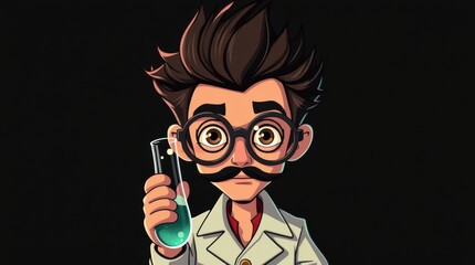 Cartoon scientist holds green liquid in test tube, wearing glasses and lab coat against black background.