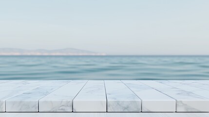 White Marble Tabletop Overlooking a Calm Ocean
