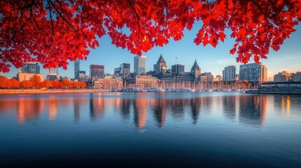 Autumn leaves frame cityscape reflected on harbor. Skyline & trees in Montreal, Canada
