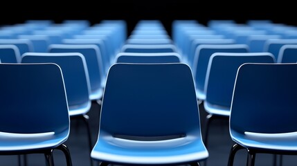 Naklejka premium Empty blue chairs arranged in rows for a conference or lecture in a dark hall