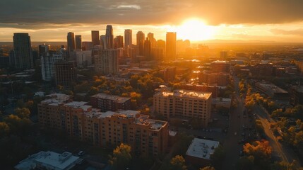 Obraz premium Aerial view of cityscape illuminated by golden sunset light