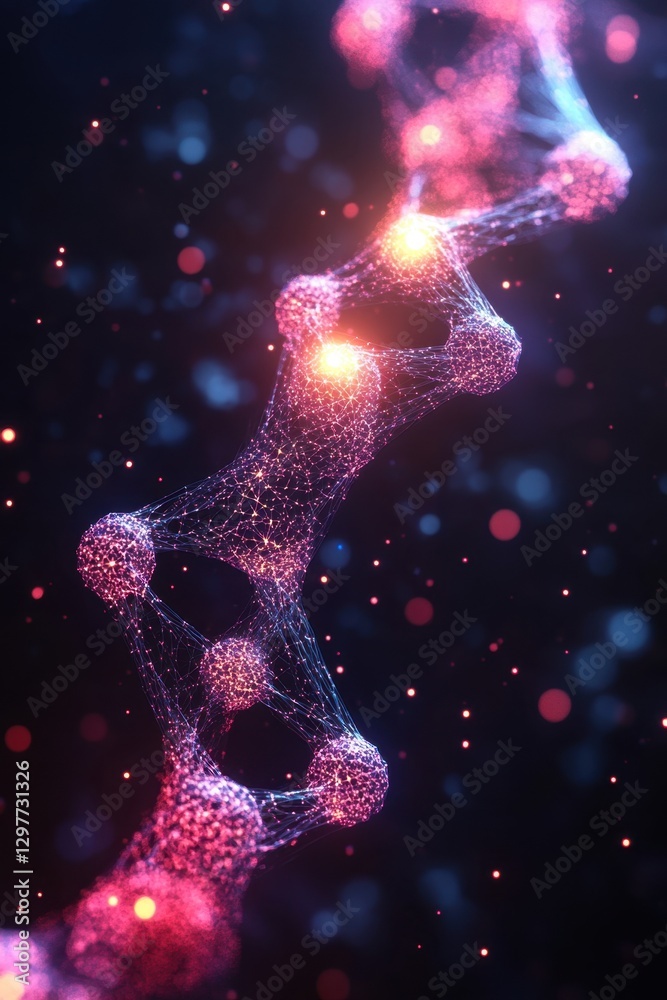Poster abstract molecular structure with glowing nodes and interconnected lines on dark background science 