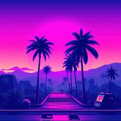 Vaporwave vista of palm trees and mountain terrain under a dreamy purple and pink sky, retro vibe.