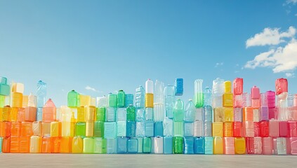 Colorful Plastic Bottles Arranged Against a Sunny Sky
