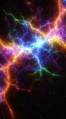Vibrant cosmic fractal art illuminating dark space with colorful energy bursts and sparkling starlight creating a nebula effect