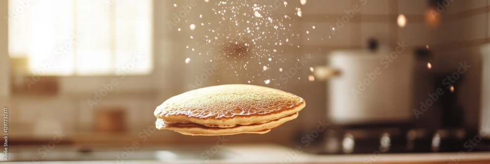 Aufkleber fluffy pancake flipping in a warm kitchen with natural sunlight streaming through the window. genera
