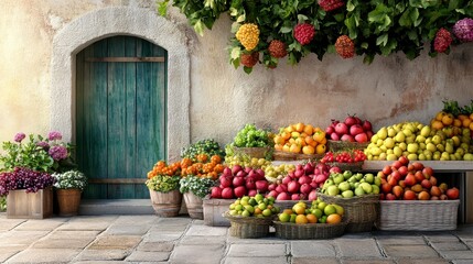 Fresh Colorful Fruits and Flowers at Rustic Market Stall Display