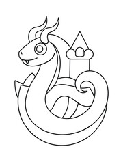 Dragon Curled Around a Medieval Castle – Epic Fantasy Adult Coloring Page on White Background