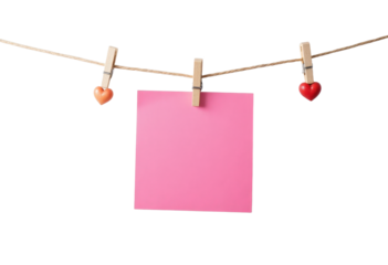 Pink note on clothesline with clothespins and heart ornaments, transparent background