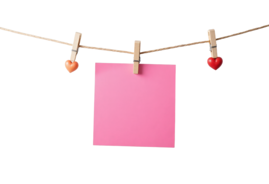 Pink note on clothesline with clothespins and heart ornaments, transparent background