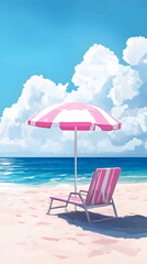 Photorealistic beach scene with a pink and white striped umbrella, pastel pink sun lounger on soft sand, turquoise ocean waves, and a clear sky. Aesthetic pastel tones, perfect for wallpapers