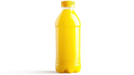 Yellow drink bottle stands on white backdrop, minimal setting, light background