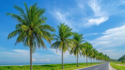 Fototapeta premium Serene Coastal Road with Lush Palm Trees Under Bright Blue Sky