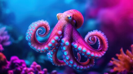 Obraz premium Vibrant Octopus Swimming Gracefully in Colorful Coral Reef Underwater World of Marine Life Exploration