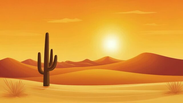 Desert Sunset Landscape: A Lone Cactus Silhouetted Against the Vibrant Hues of the Setting Sun