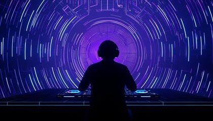 Silhouette of a DJ mixing tunes under vibrant, swirling lights and colors.