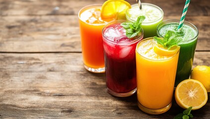Colorful Assortment of Fresh Juices and Smoothies on Wooden Background