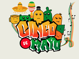 Cinco de Mayo. doodle with CINCO DE MAYO text and funny cartoons. suitable to place on theme Cinco de mayo 