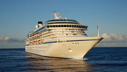Naklejka premium White cruise ship sailing on calm blue ocean under a clear sky
