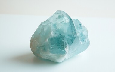 Fototapeta premium Beautiful aquamarine crystal resting on a light surface showcasing its natural beauty and unique features