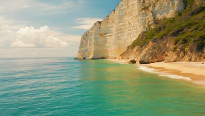 Majestic cliff over turquoise sea, sandy beach below, partly cloudy sky
